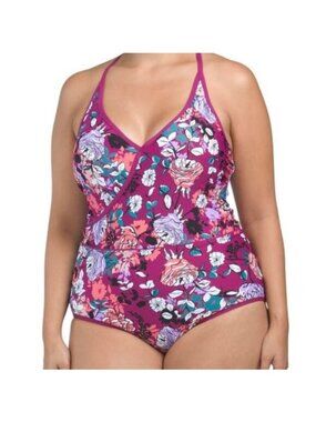 SEA ANGEL Plus Floral Lace V-neck Bathing Suit, Bordeaux Blossom, size 2X